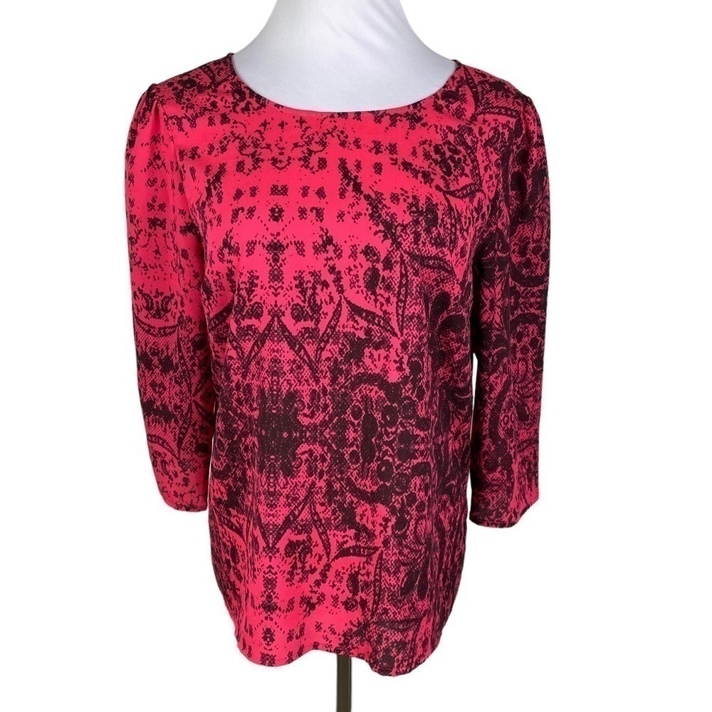 Cremieux Abstract Open Back Soft Blouse Women's Medium Dark Pink Black